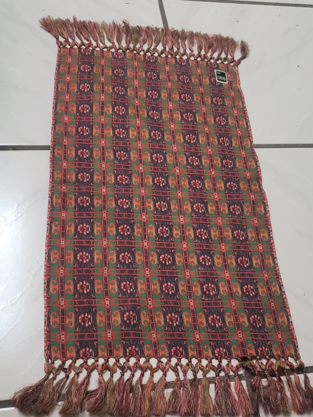 Brand new silk woven "wako" patterned fringe Scarf , brown green red